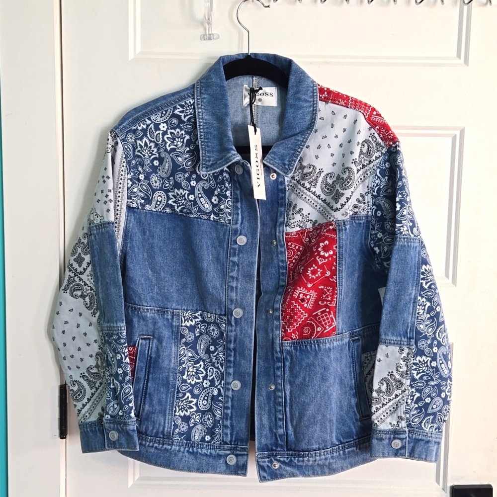 Bandana patchwork style Denim jacket NWT runs big Vigoss Fits XS, Small, Medium